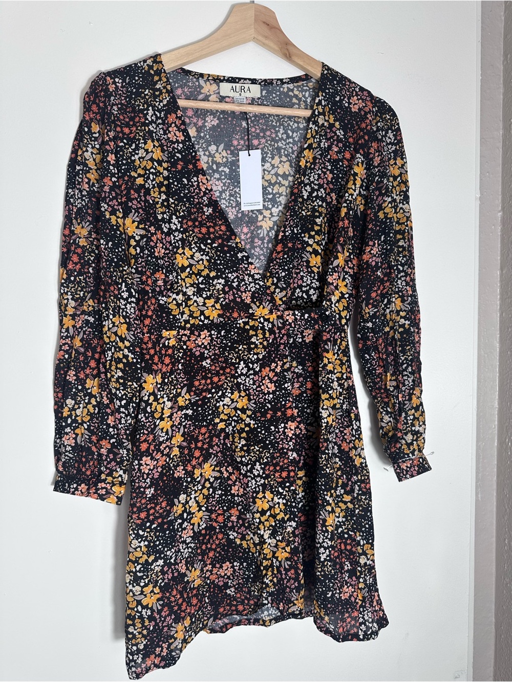 Aura Black Floral Wrap Mini Dress